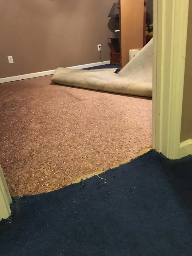 Carpet pad removal revealing water damage during Water Mitigation Services in Walton